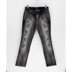 True Y2K London jeans black beaded suede accents attached faux  leather belt